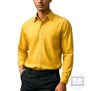 Madeleine Finn Mens Shirt Button Front Long Sleeve Yellow Spread Collar Size M